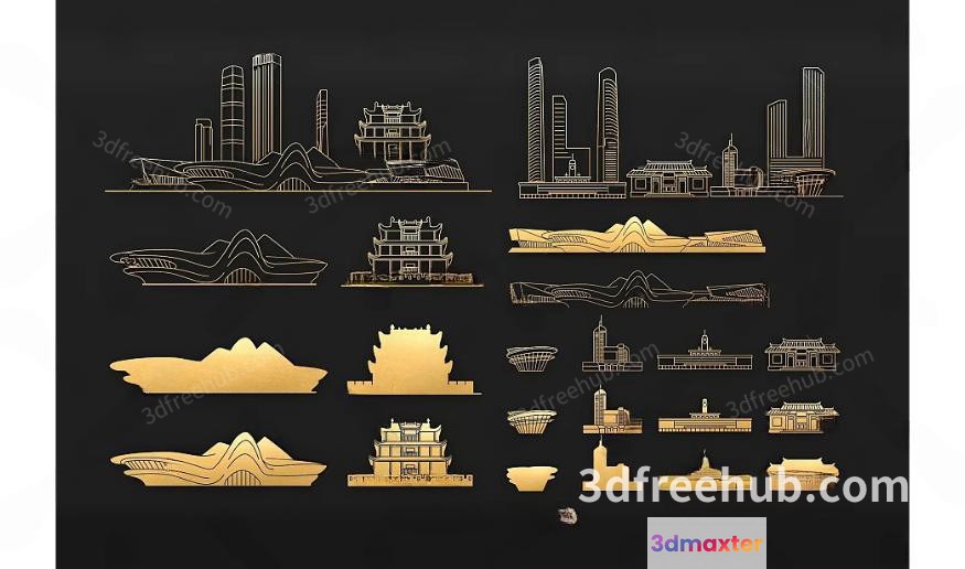 The Image Features A Collection Of 3D Buildings In Gold Showcasing Various 3D Model - 21296 - VRAY Render