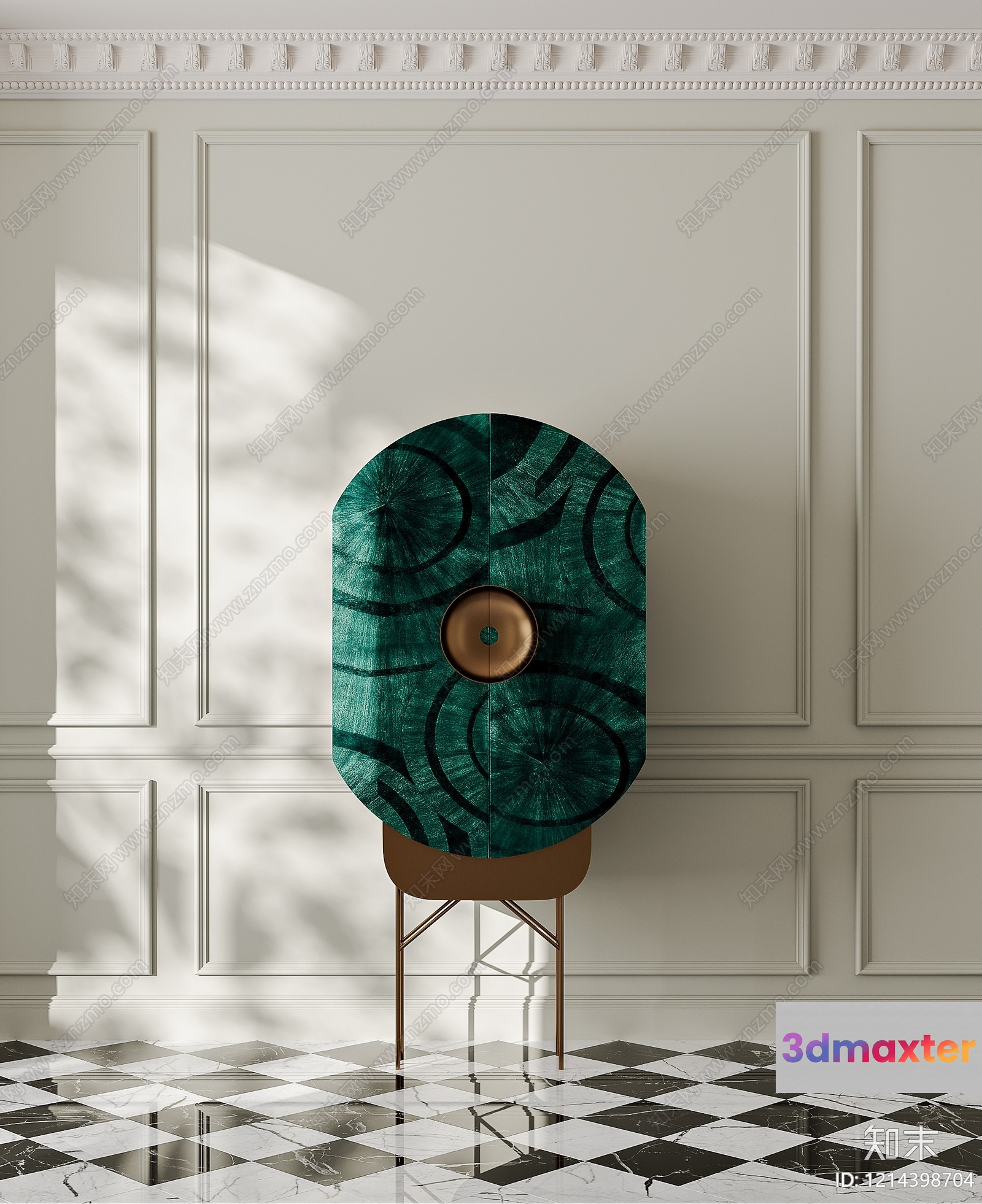 A Green Cabinet With A Gold Circle 3D Model - 16644 - VRAY Render