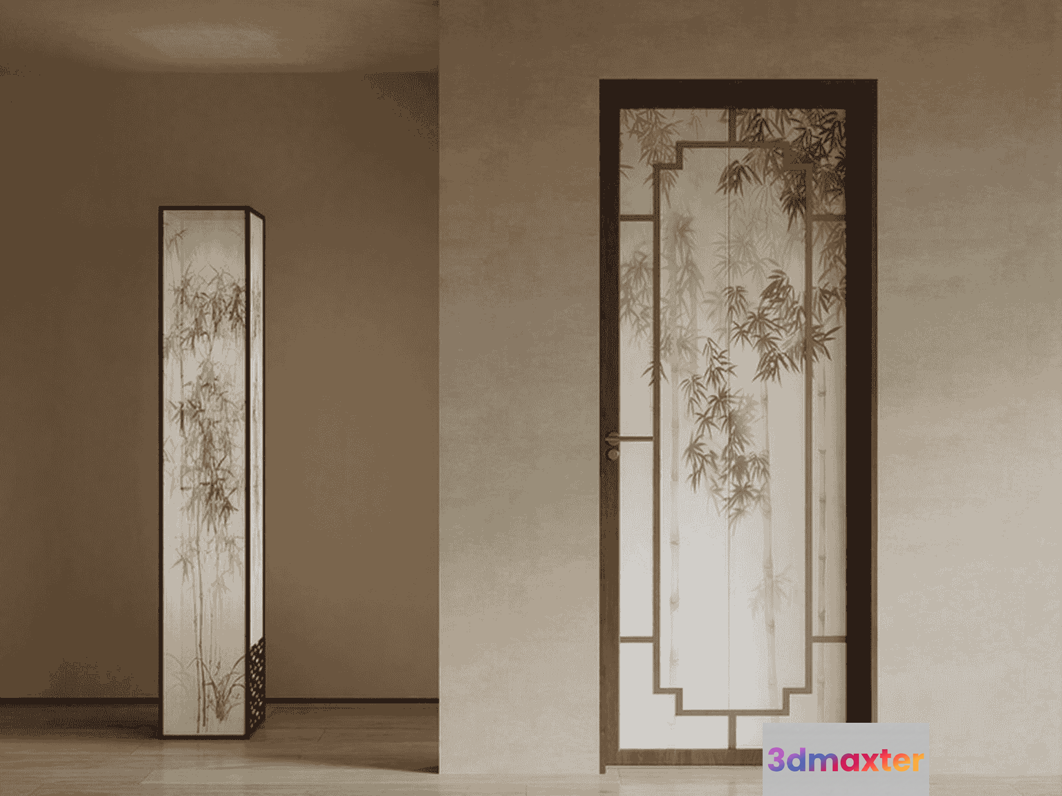 A Tall Rectangular Light Fixture With A Bamboo Design 3D Model - 18222 - VRAY Render