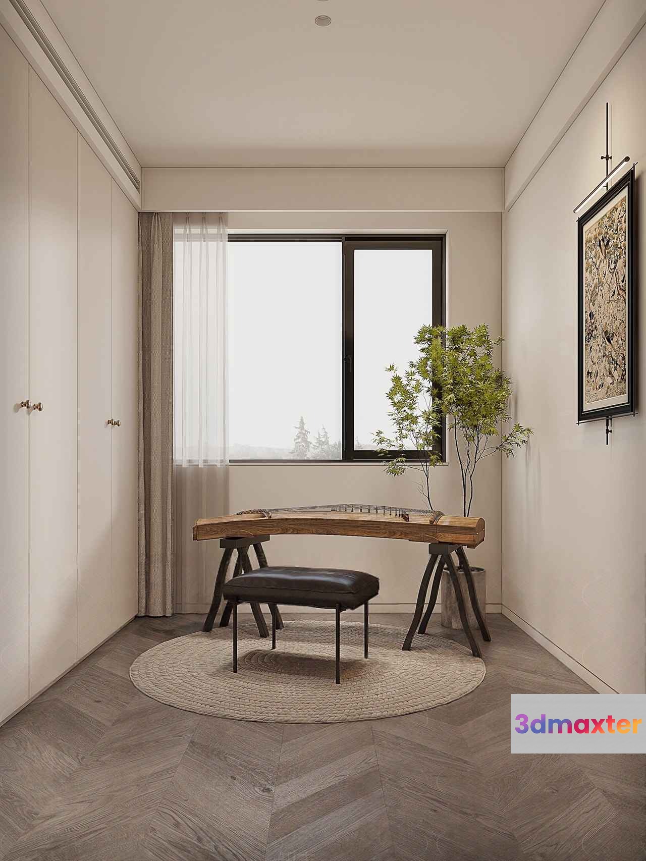A Minimalist Room With A Wooden Bench 3D Model - 13796 - CORONA Render
