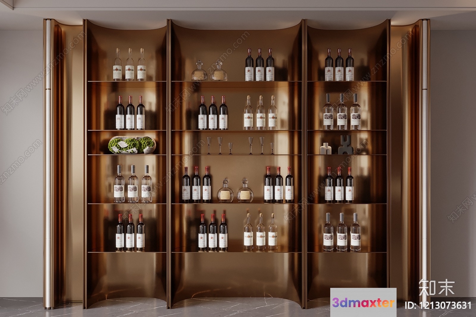 A Wall Of Shelves With Bottles And Glasses 3D Model - 2432 - VRAY Render