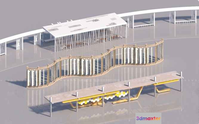 A 3D Rendering Of A Building With A Curved Roof And A Yellow 3D Model - 10010 - VRAY Render