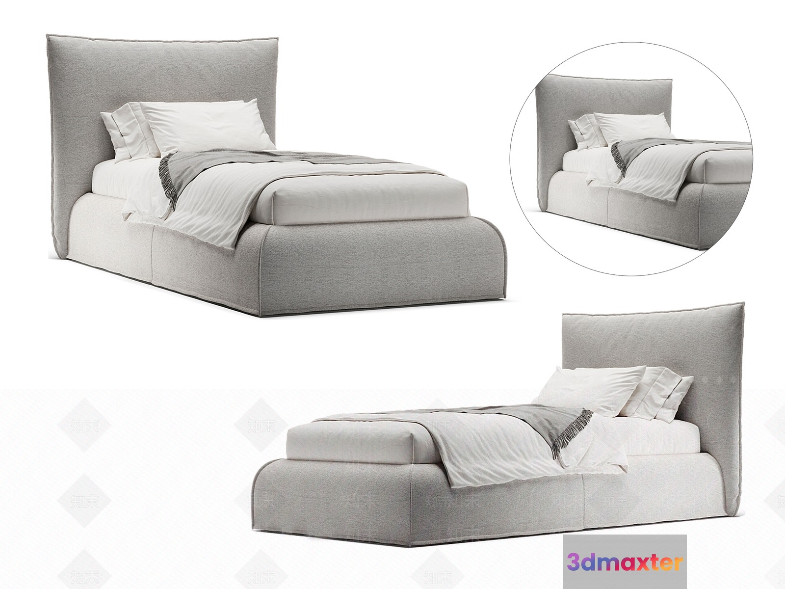 A Gray Upholstered Bed 3D Model - 10871 - VRAY Render