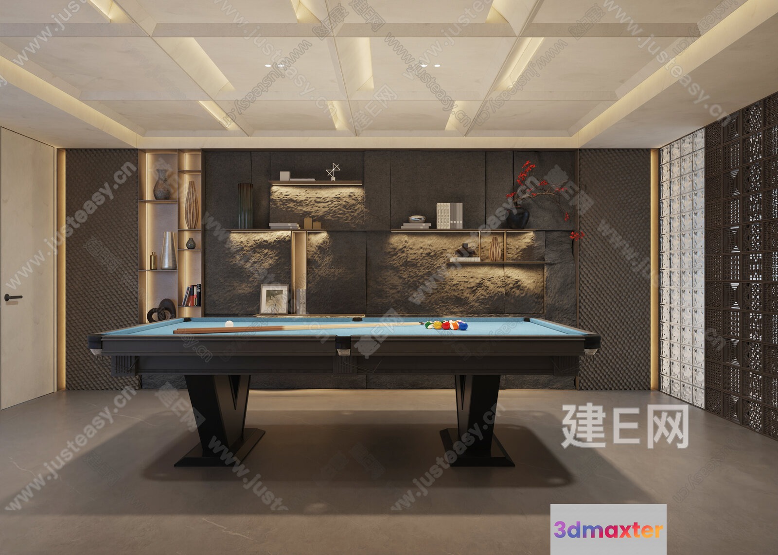 A Pool Table In A Room With A Modern Design 3D Model - 12419 - VRAY Render
