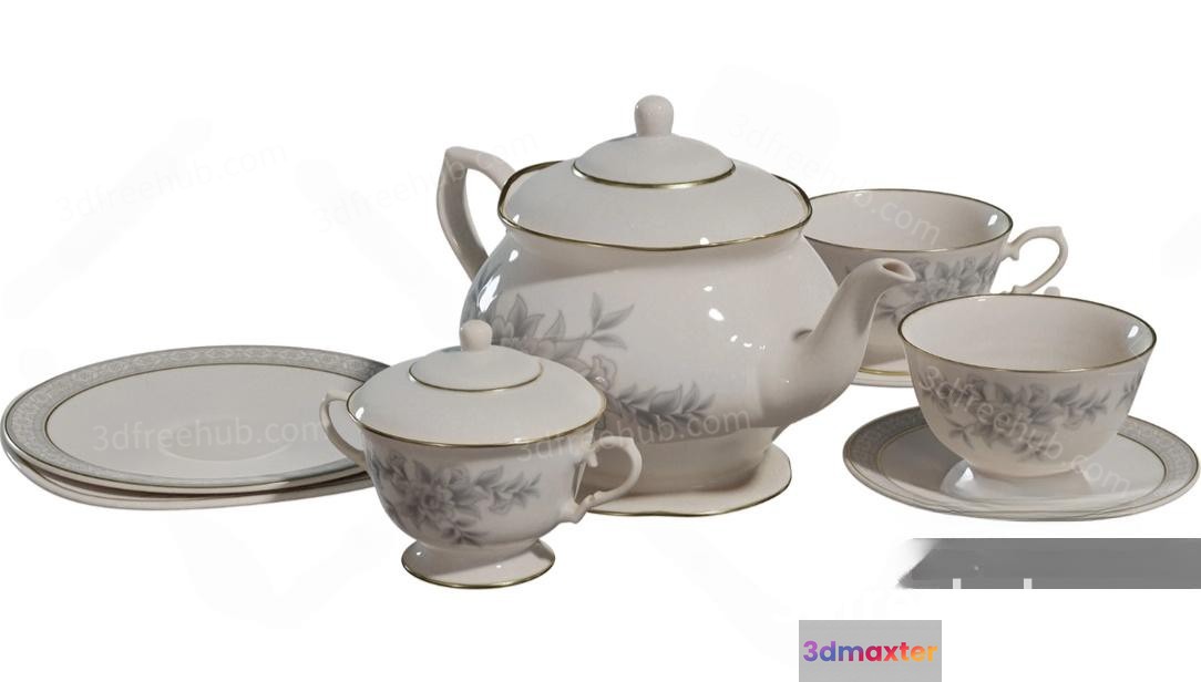 A White Porcelain Tea Set With Gold Trim 3D Model - 22701 - VRAY Render