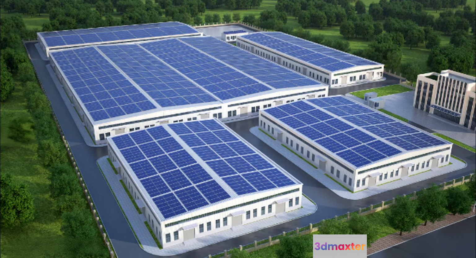 A Large Industrial Building With Solar Panels On The Roof 3D Model - 4025 - VRAY Render