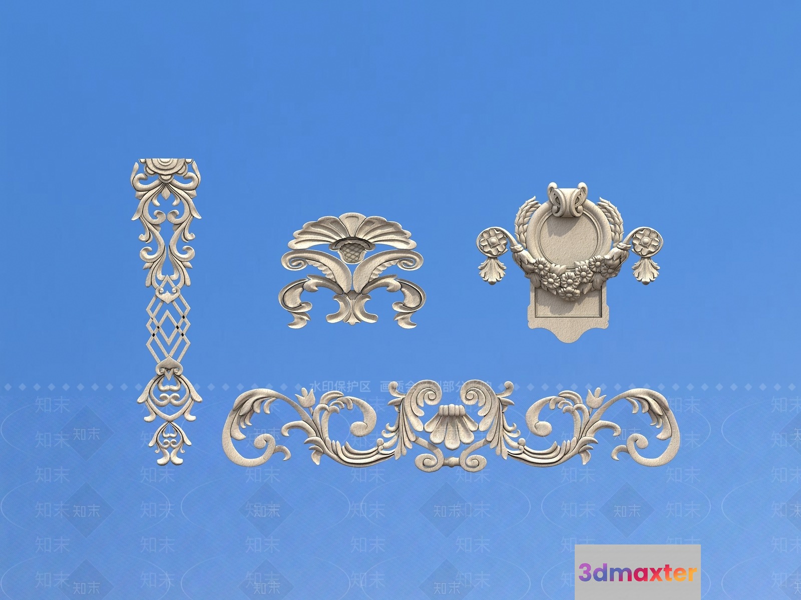 Floral Carvings On A Blue Background 3D Model - 15469 - VRAY Render
