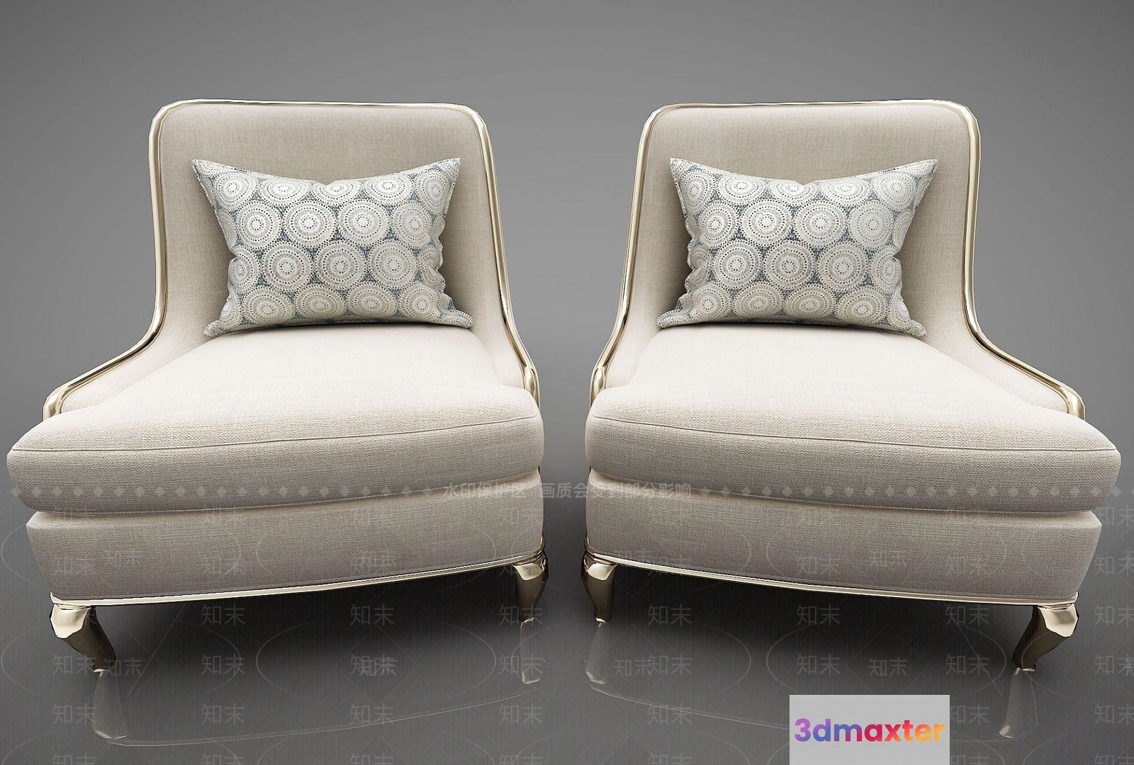 Two Matching Chairs With Light-Colored Fabric And Decorative Pillows 3D Model - 16027 - VRAY Render