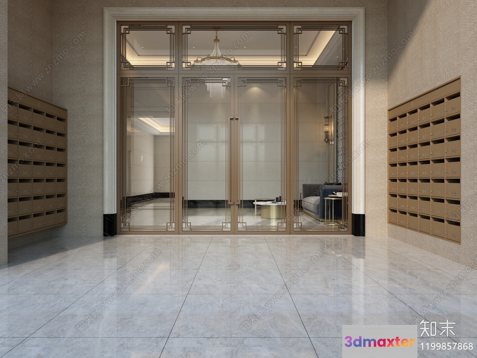 A Modern Lobby With Glass Doors 3D Model - 18471 - VRAY Render