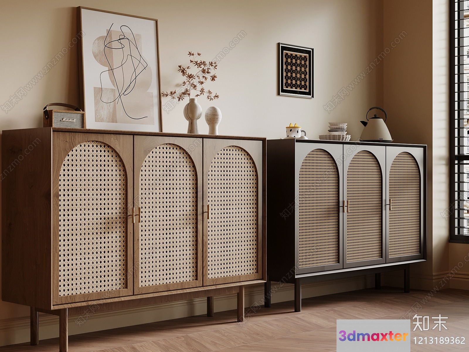 Wooden Cane Door Cabinets 3D Model - 5001 - VRAY Render