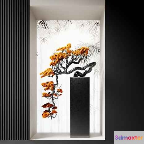 A Black And White Sculpture Of A Tree With Orange Leaves 3D Model - 4504 - CORONA Render