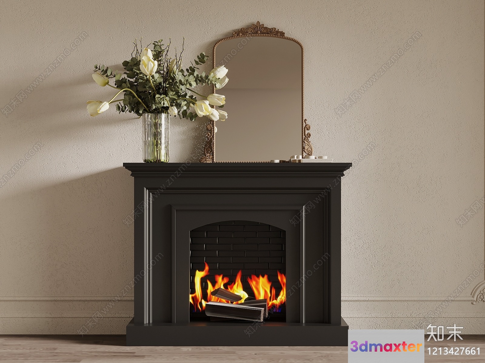 A Fireplace With A Mirror And Flowers 3D Model - 17465 - VRAY Render