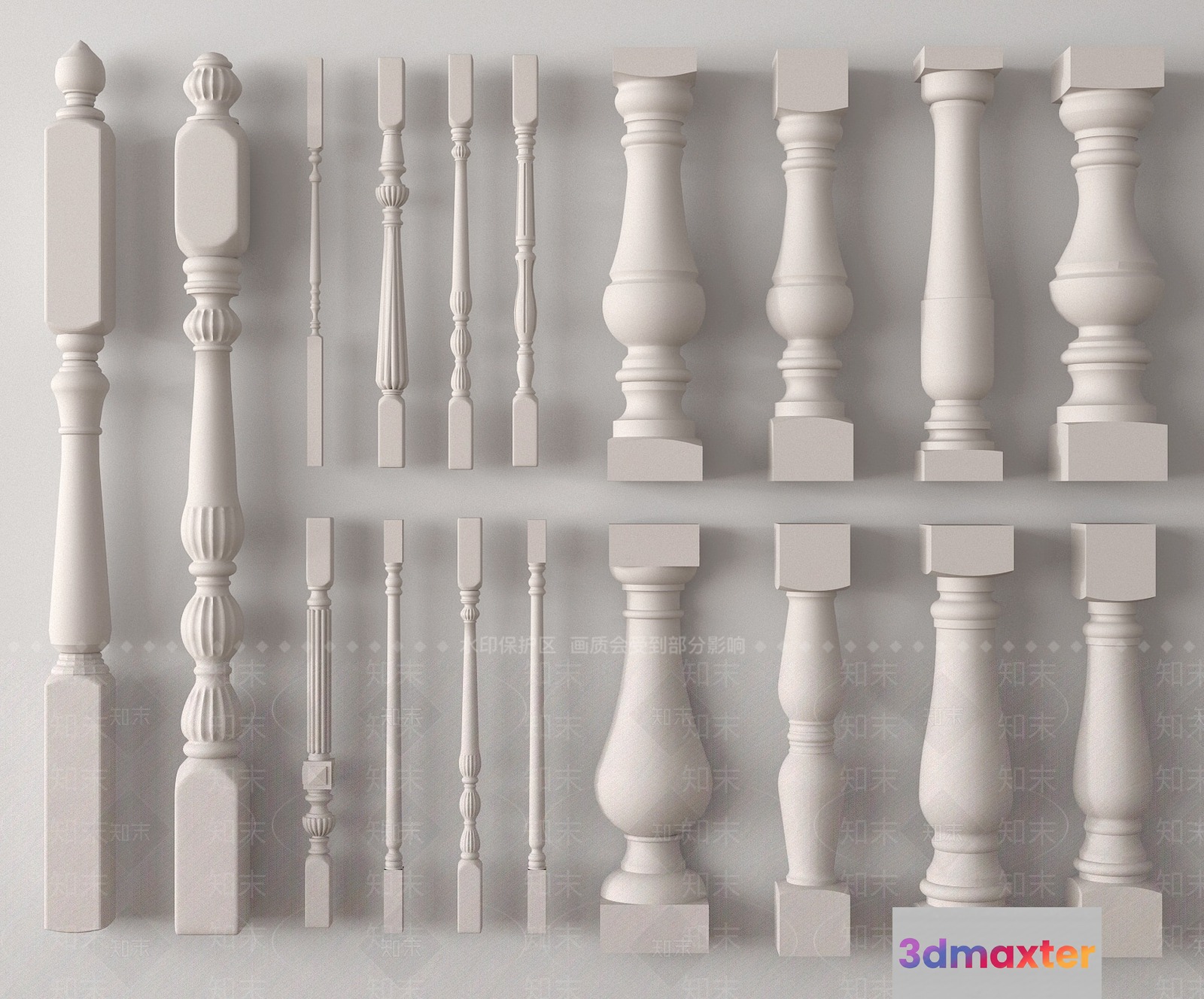 A Collection Of White Balusters 3D Model - 8868 - VRAY Render