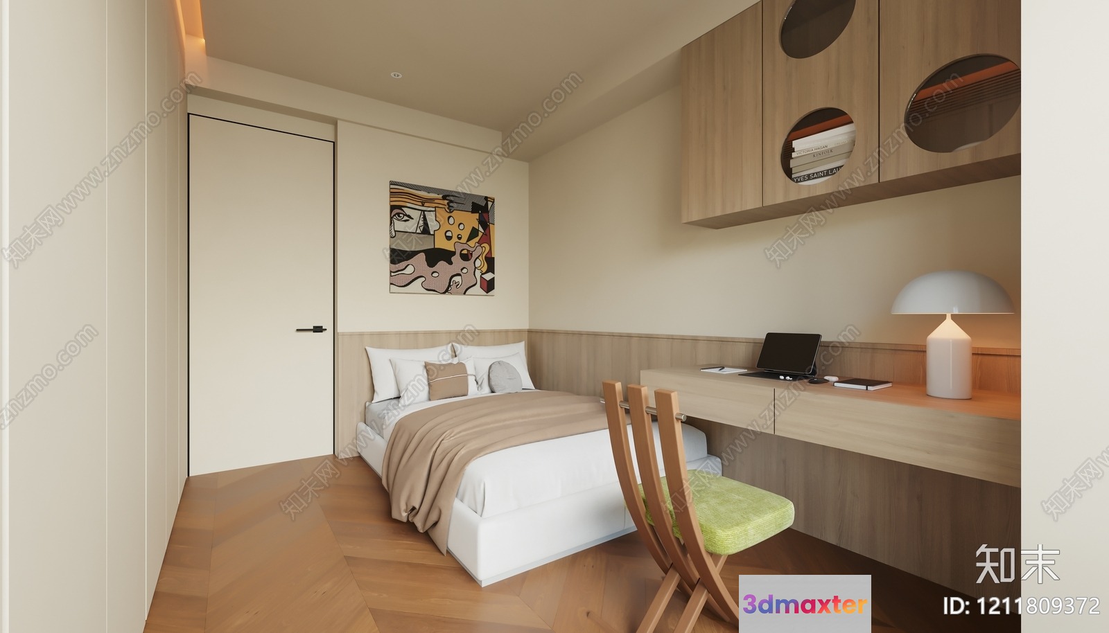 A Small Simple Bedroom With A Bed Desk And Chair 3D Model - 20761 - VRAY Render