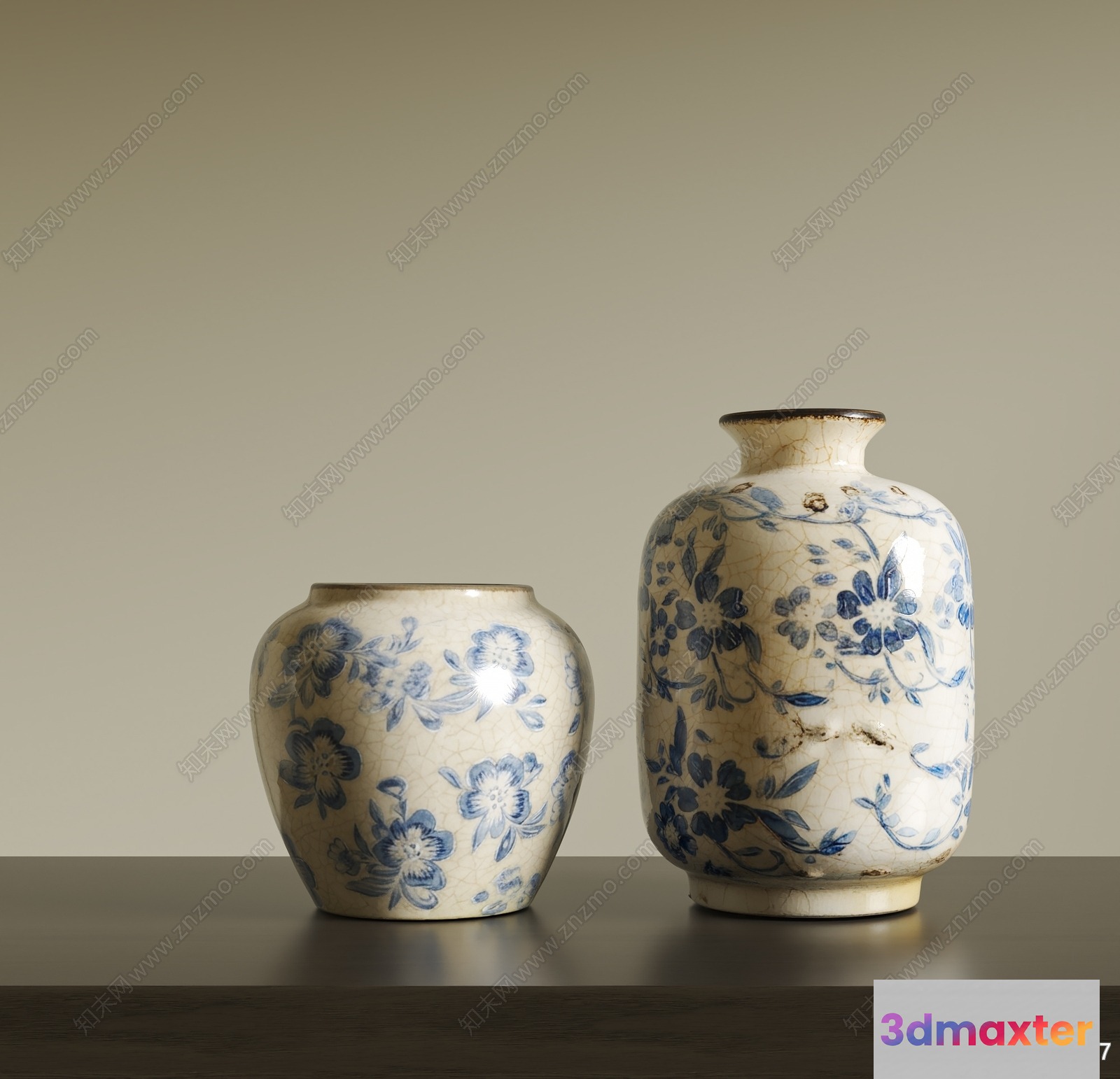 Two Vases With Blue Floral Designs 3D Model - 13524 - VRAY Render
