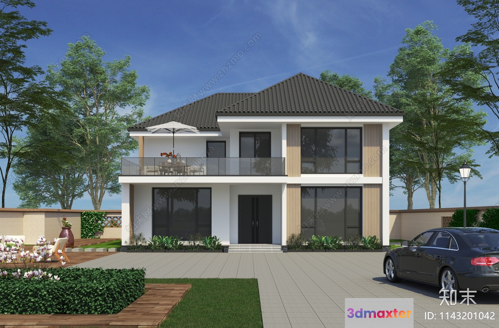 A Modern House With A Car In The Driveway 3D Model - 18368 - VRAY Render