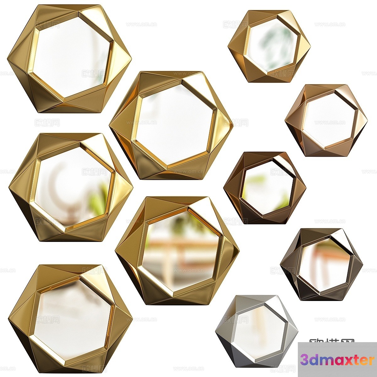 Gold Geometric Mirrors 3D Model - 19295 - VRAY Render