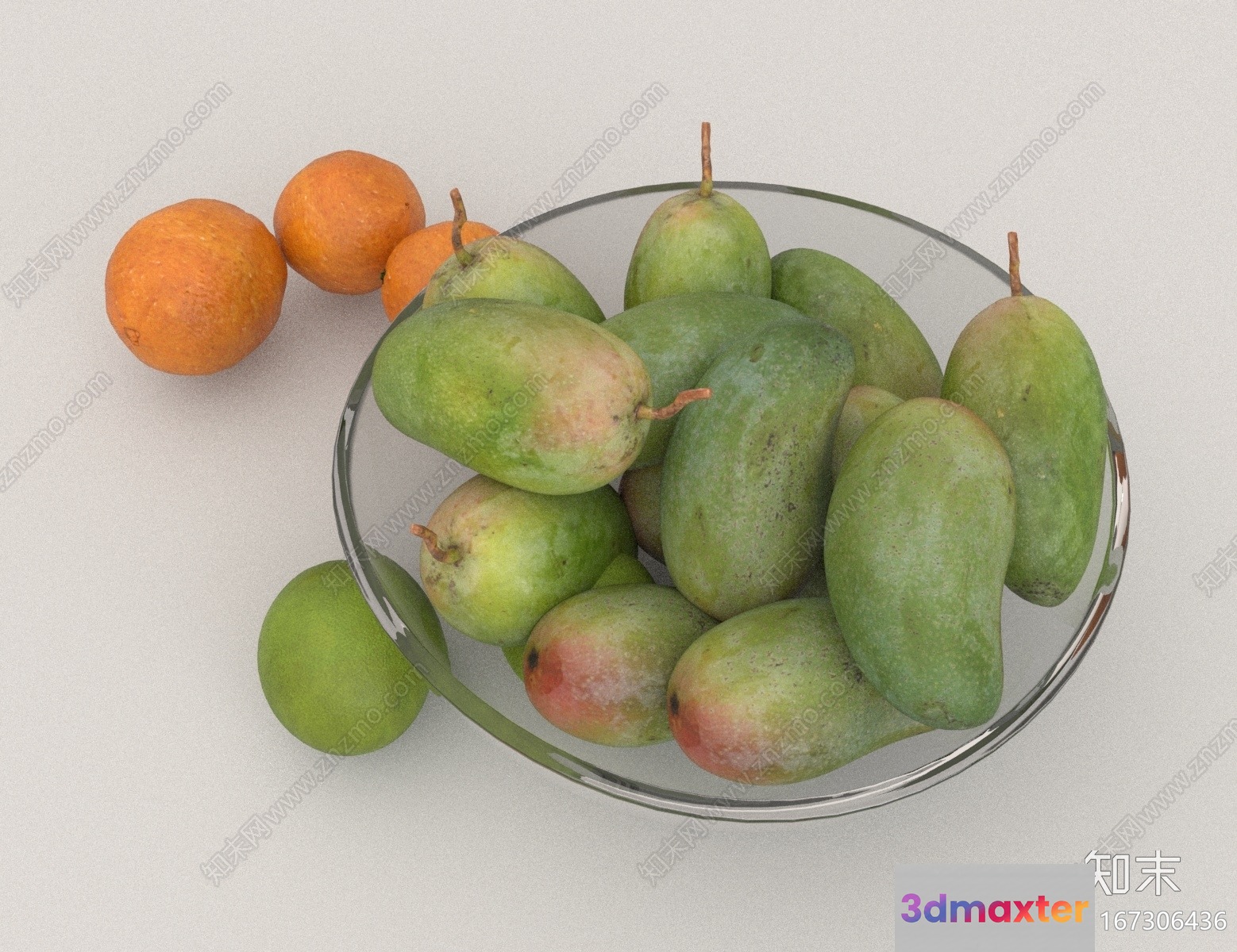 A Glass Bowl With Green And Orange Fruit 3D Model - 13998 - VRAY Render