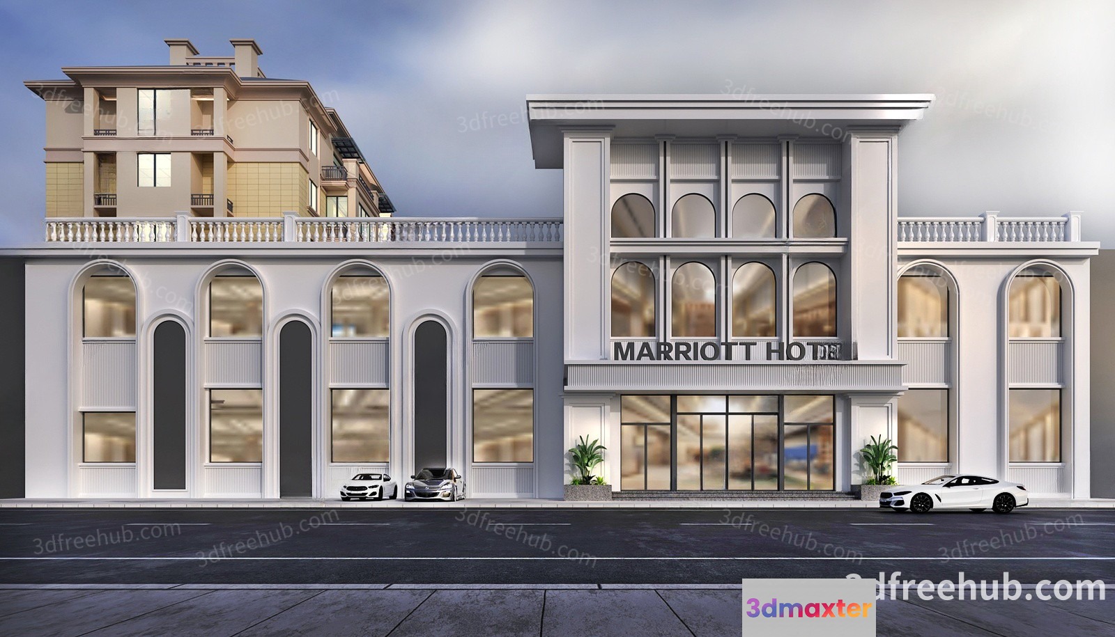 A Marriott Hotel Building With Cars Parked In Front 3D Model - 20779 - VRAY Render