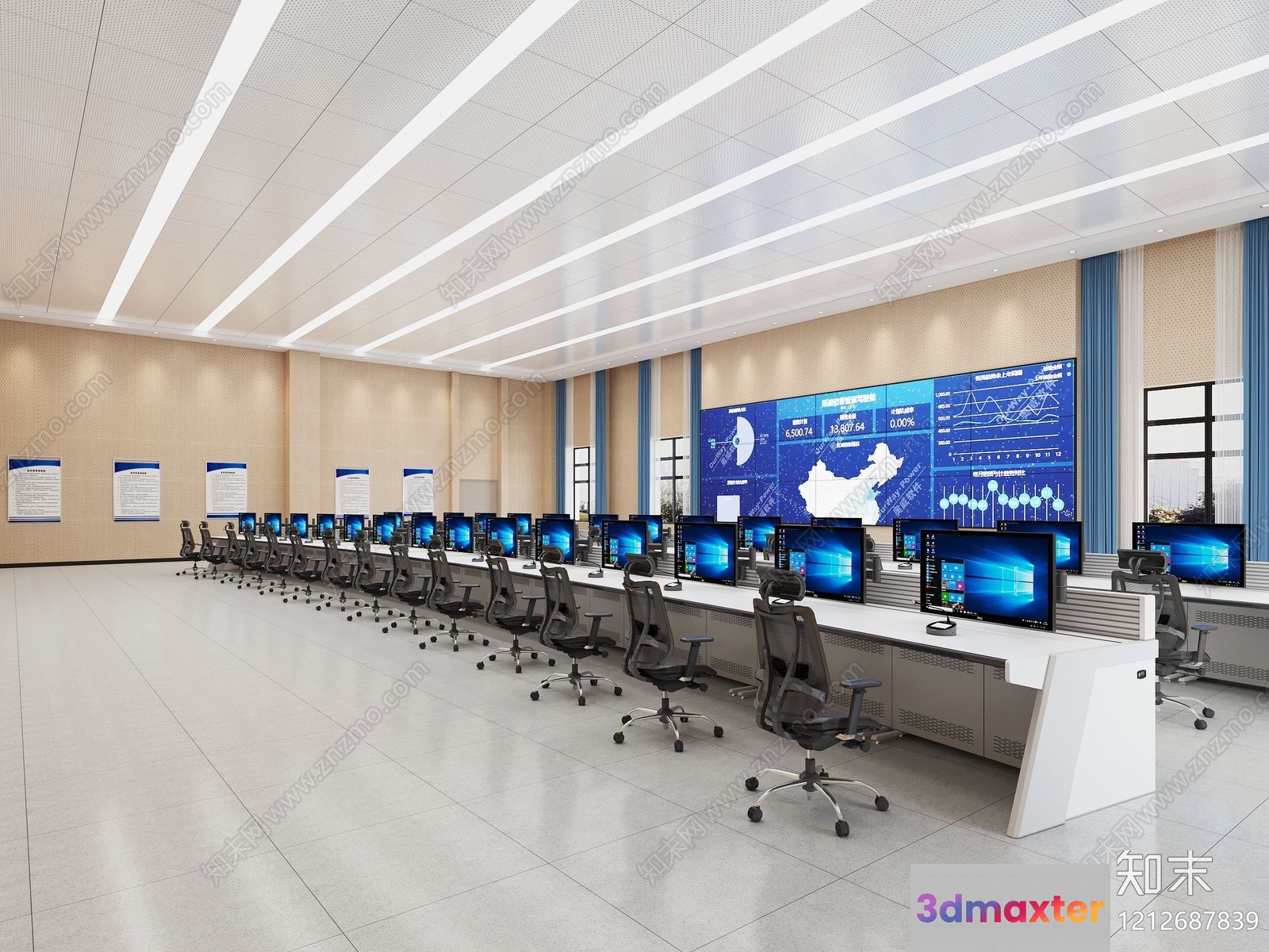 A Large Room With A Long Row Of Computers 3D Model - 5836 - VRAY Render