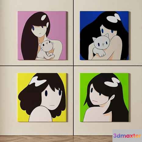 Four Cartoon Paintings Of Women Holding Cats 3D Model - 18110 - VRAY Render