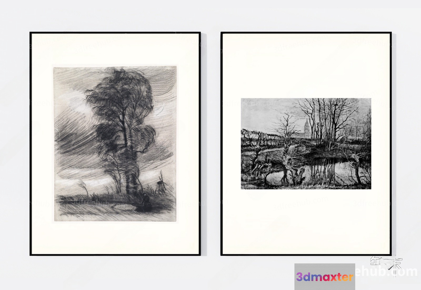 Two Black And White Landscape Paintings 3D Model - 12450 - VRAY Render