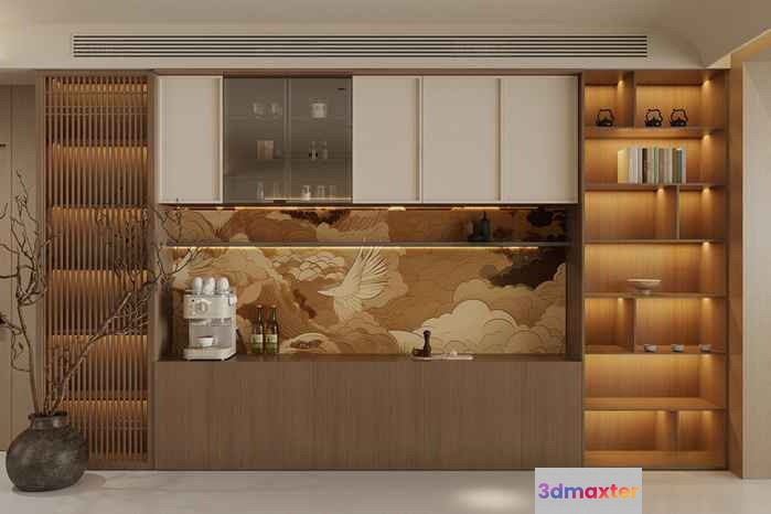 Modern Asian-Inspired Shelving Unit 3D Model - 9306 - CORONA Render
