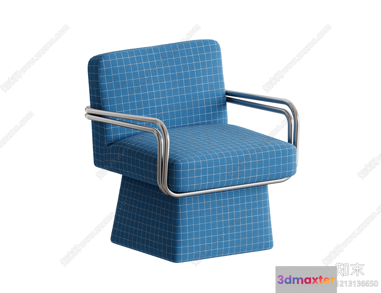 Blue Armchair With A Checkered Pattern 3D Model - 3010 - VRAY Render
