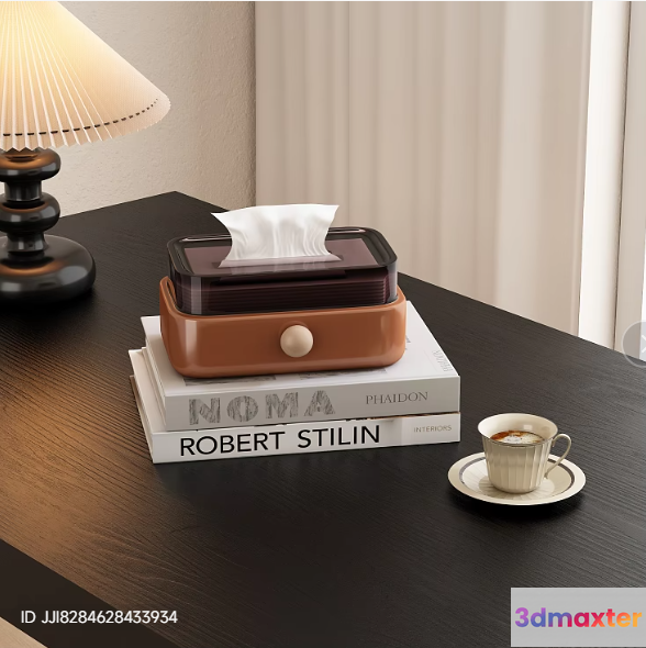 A Table With Books A Tissue Box And A Cup Of Coffee 3D Model - 18539 - VRAY Render