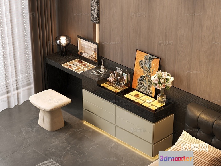 A Makeup Vanity With A Black And Gold Color Scheme 3D Model - 3042 - CORONA Render