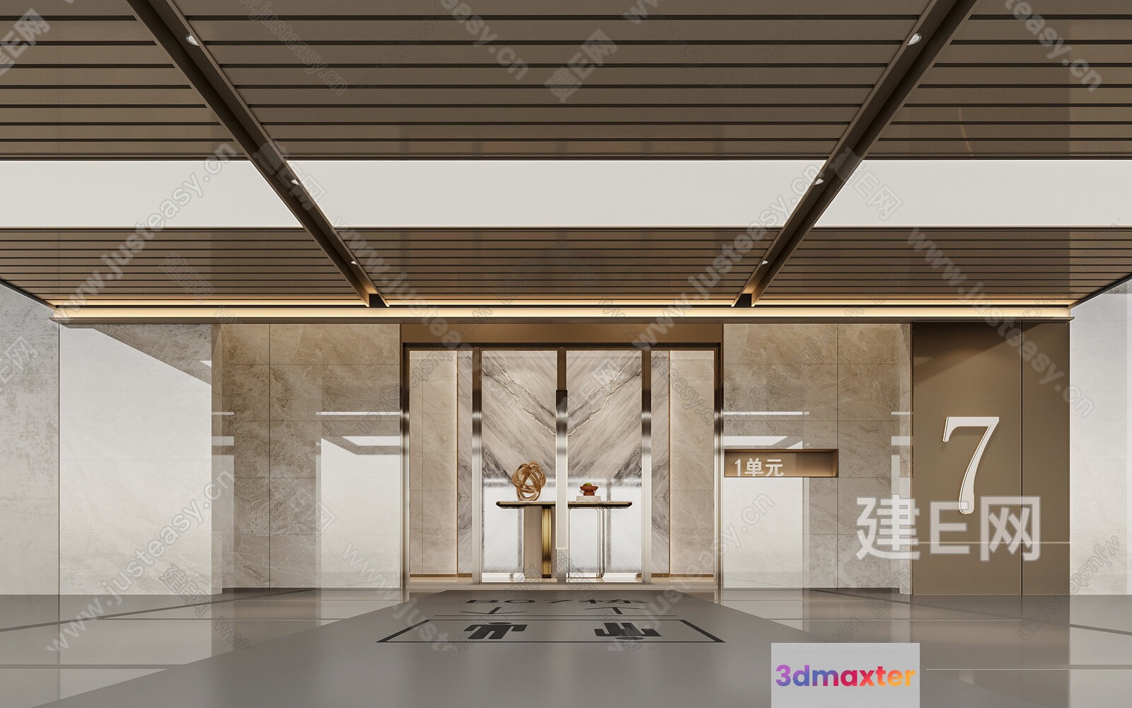 Modern Lobby With A Large Glass Door 3D Model - 6473 - VRAY Render