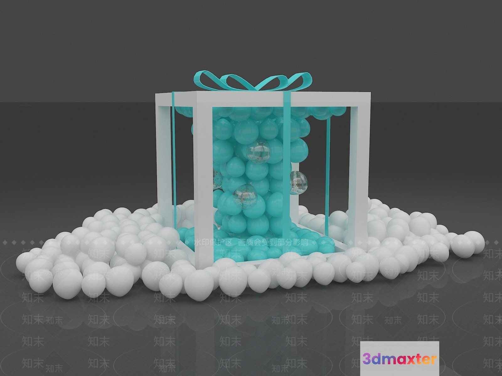 The Image Features A White Gift Box With A Blue Ribbon Surrounded By White 3D Model - 3474 - VRAY Render