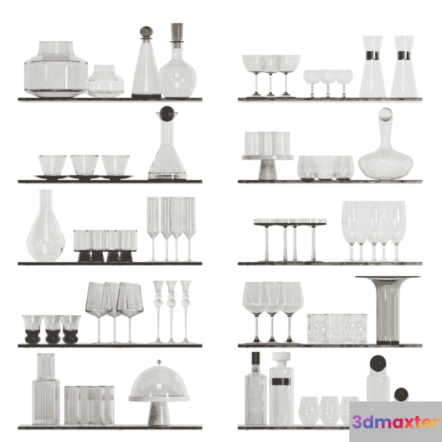 Glassware On Shelves 3D Model - 14517 - CORONA Render