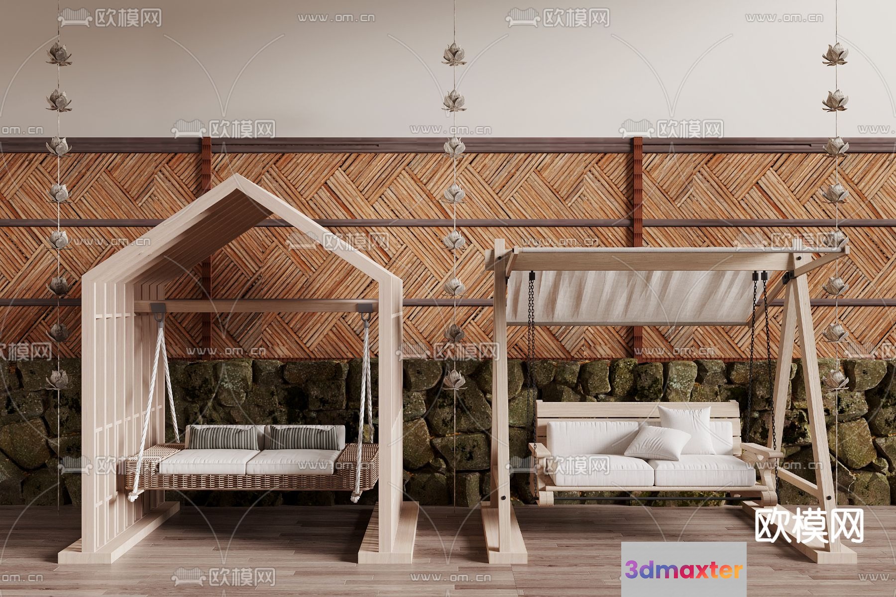 A Wooden Swing With A White Cushion 3D Model - 19526 - VRAY Render
