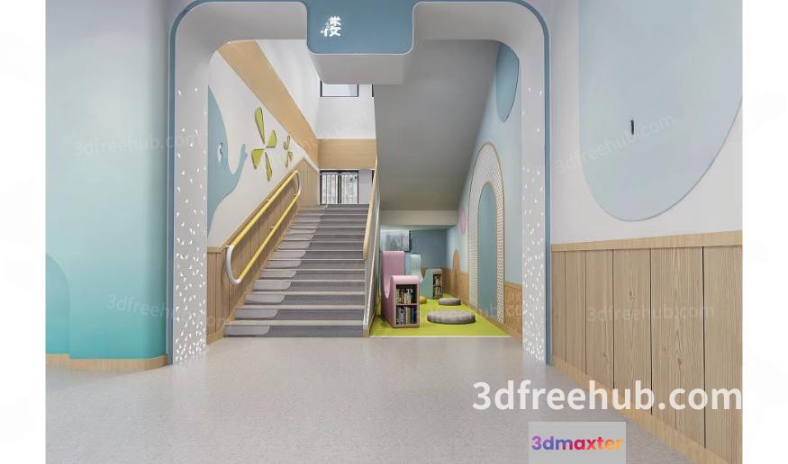 The Main Subject Is A 3D Rendering Of A Hallway With A Staircase 3D Model - 18715 - VRAY Render