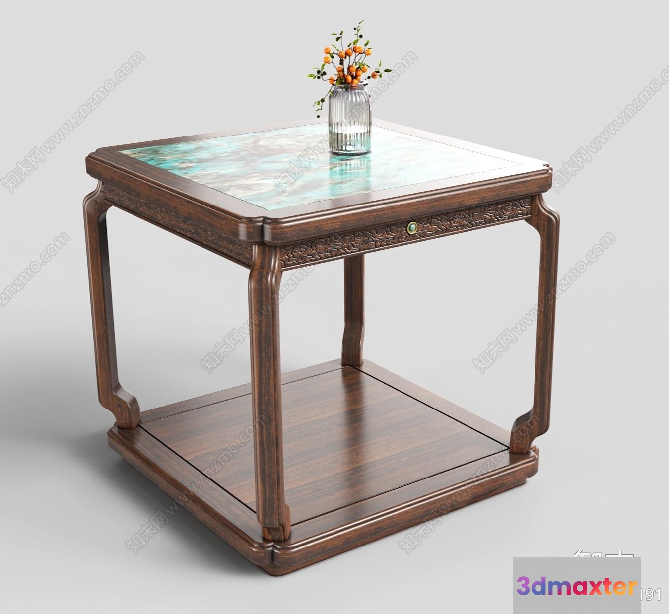 A Wooden Table With A Vase Of Flowers On Top 3D Model - 16064 - VRAY Render