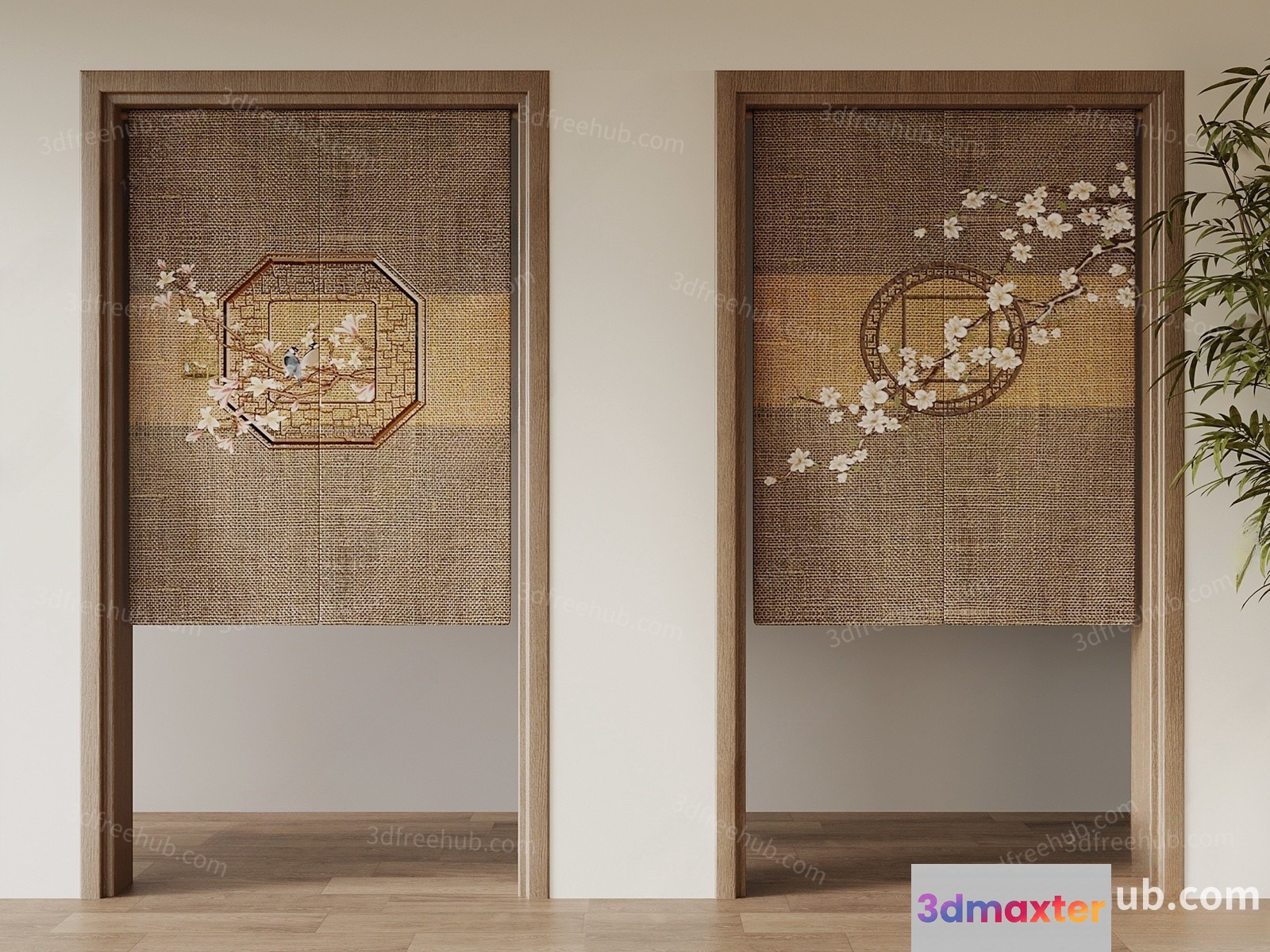 Modern Asian-Inspired Doors With Cherry Blossom Designs 3D Model - 20261 - VRAY Render