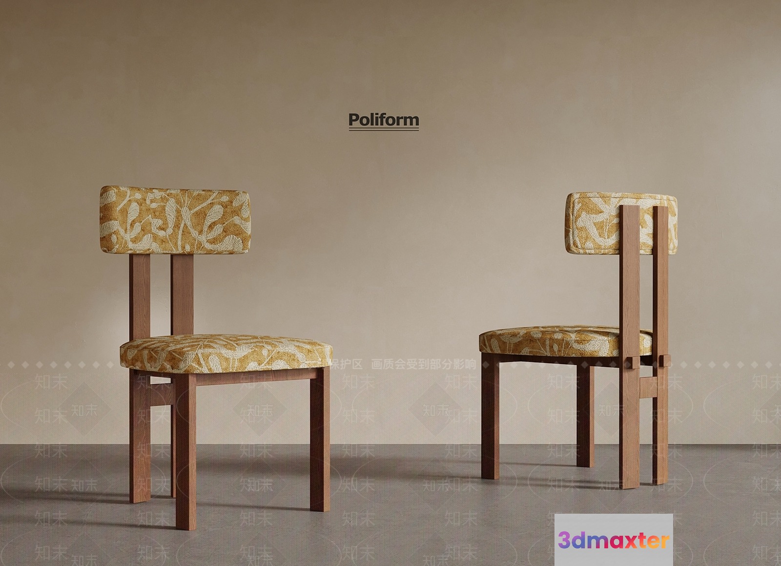Wooden Chairs With Yellow Floral Upholstery 3D Model - 21678 - VRAY Render