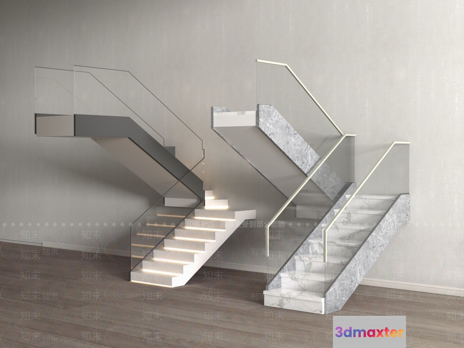 Modern Staircase With Glass Railing 3D Model - 4231 - VRAY Render