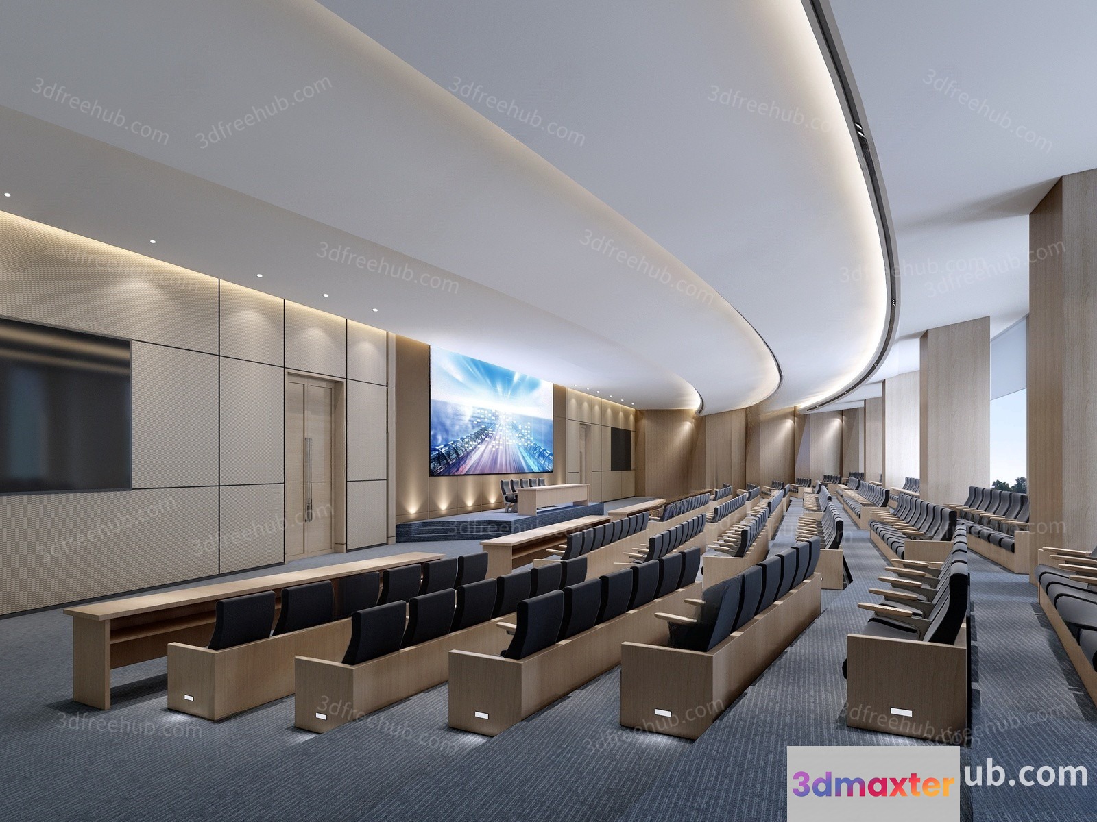 A Large Auditorium With Rows Of Seats And A Screen 3D Model - 22456 - VRAY Render