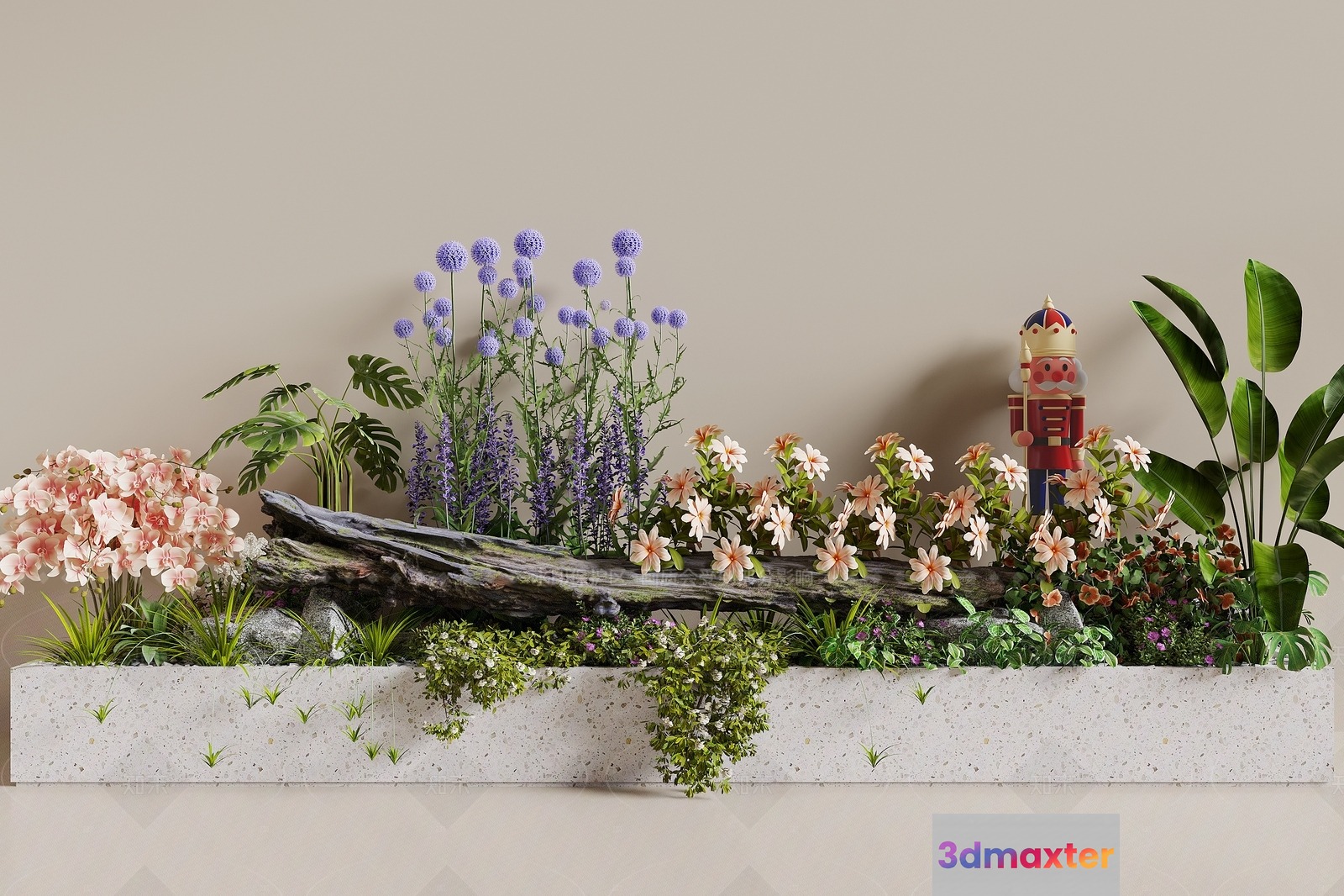 A Long White Planter Box With A Variety Of Plants And Flowers 3D Model - 4147 - VRAY Render