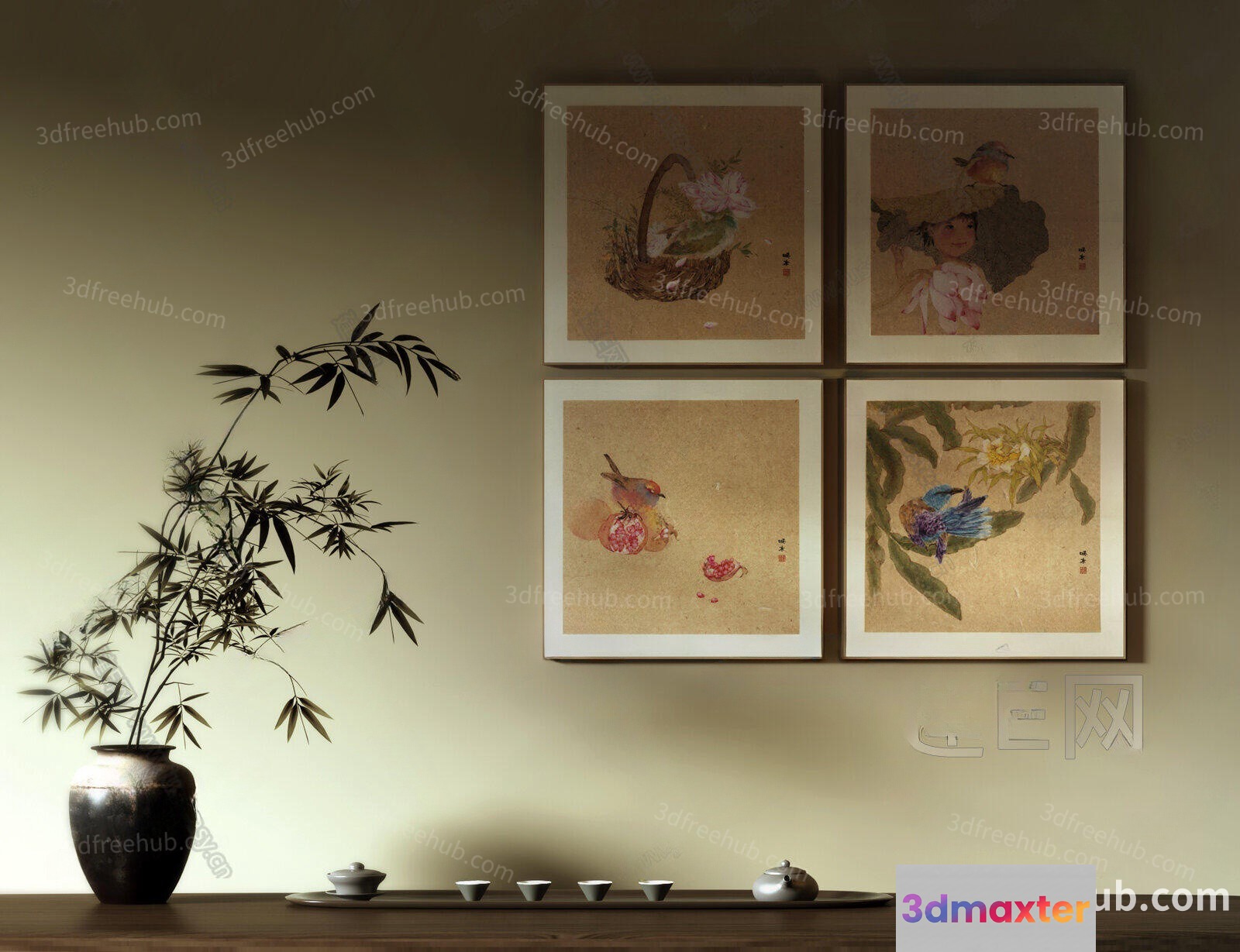A Collection Of Framed Asian-Style Art 3D Model - 22889 - VRAY Render