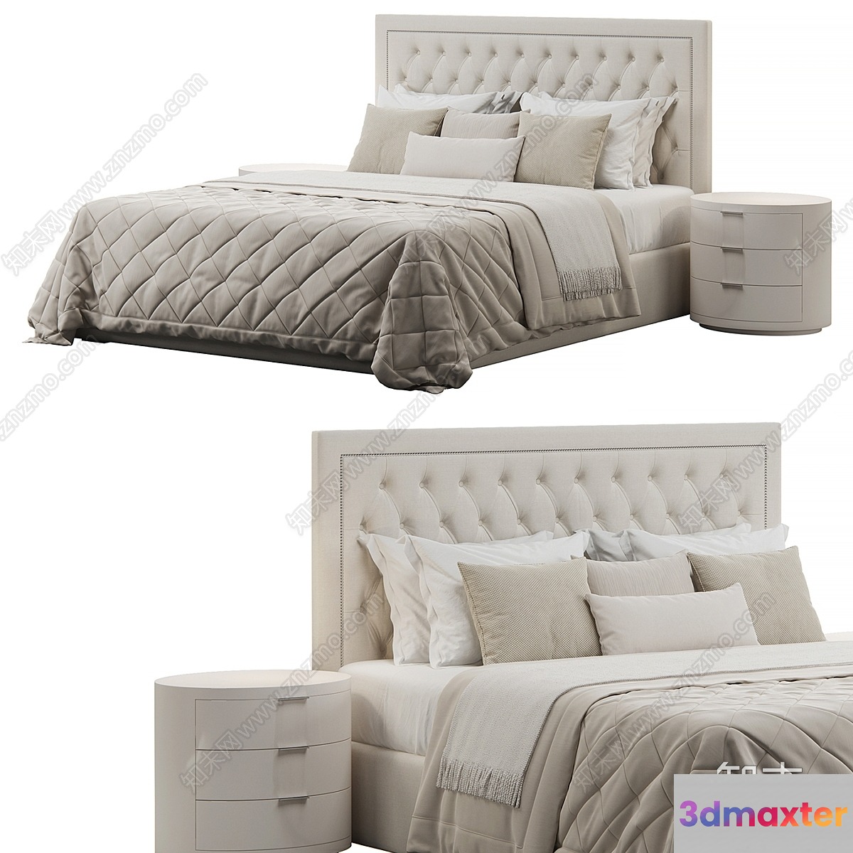 A Bed With A White Headboard 3D Model - 4897 - VRAY Render