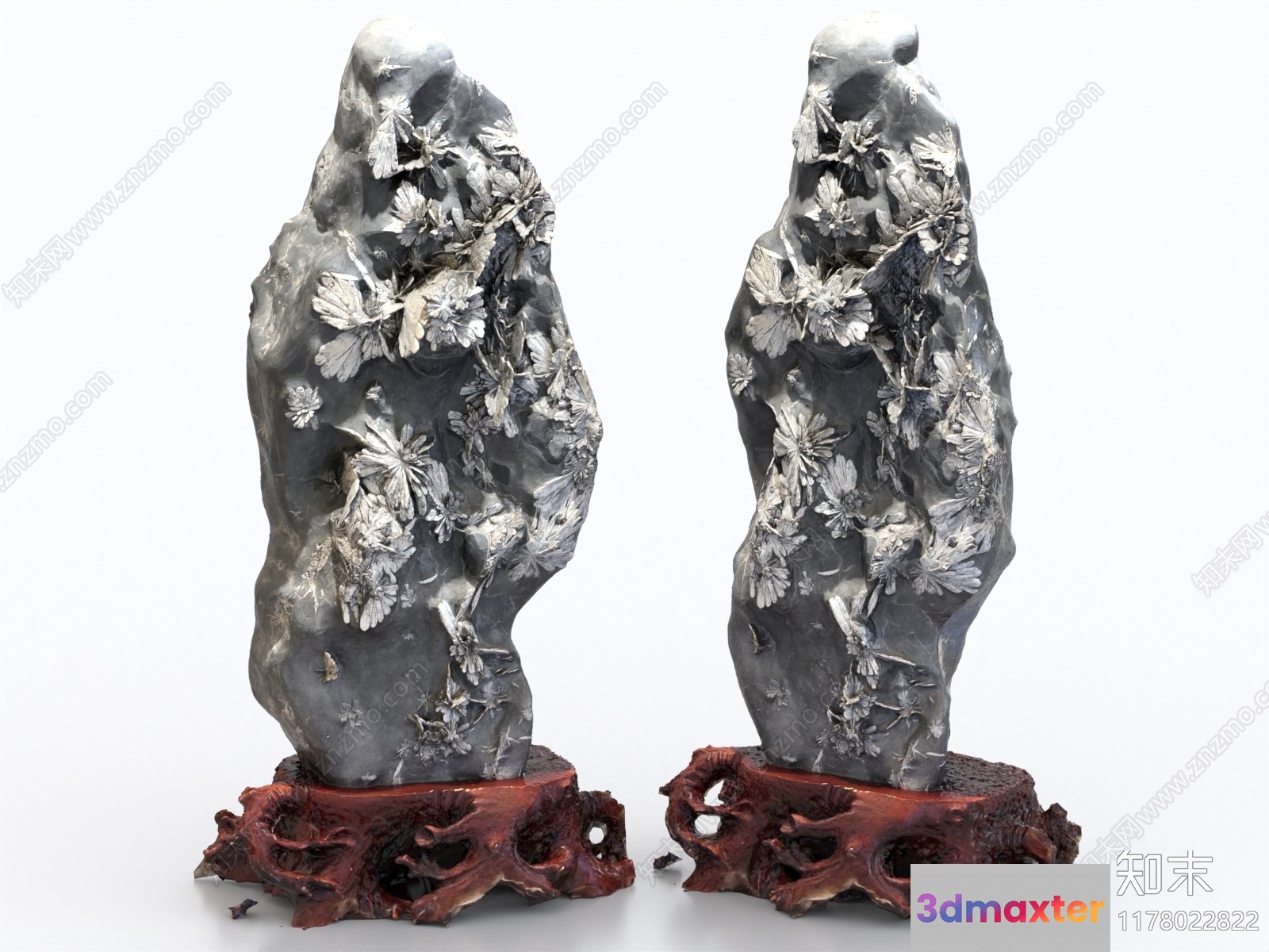 Two Decorative Stone Sculptures On Wooden Stands 3D Model - 2311 - VRAY Render