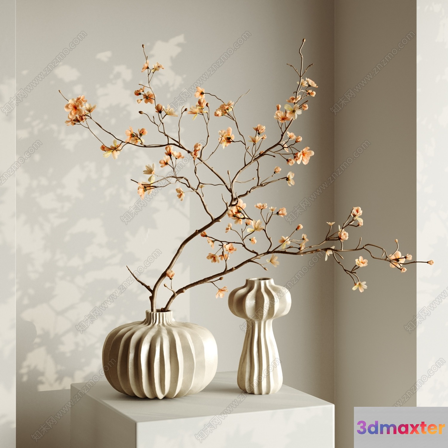 A Beige Vase With A Floral Branch 3D Model - 13450 - VRAY Render