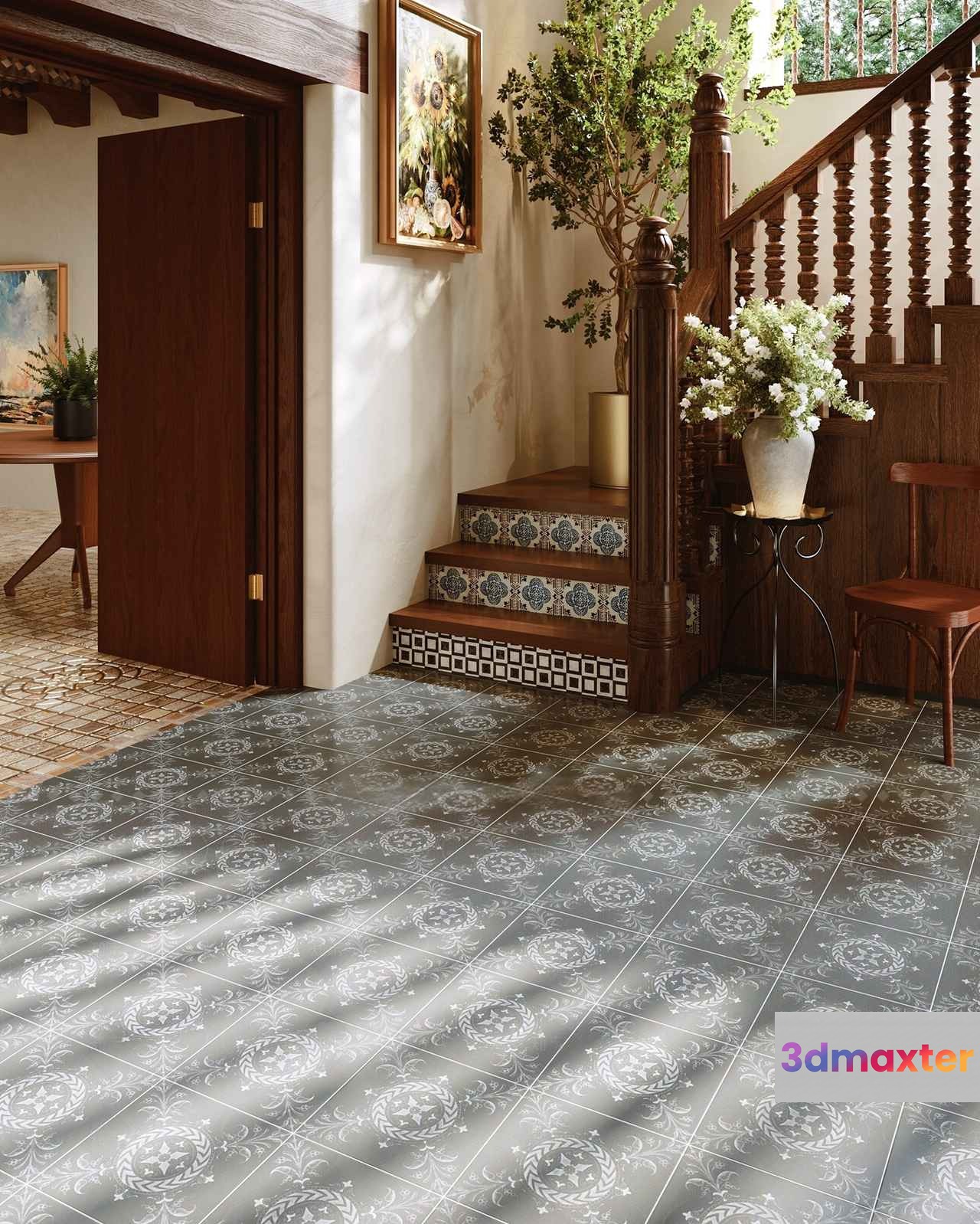 Wooden Staircase With Tile Flooring 3D Model - 7874 - VRAY Render