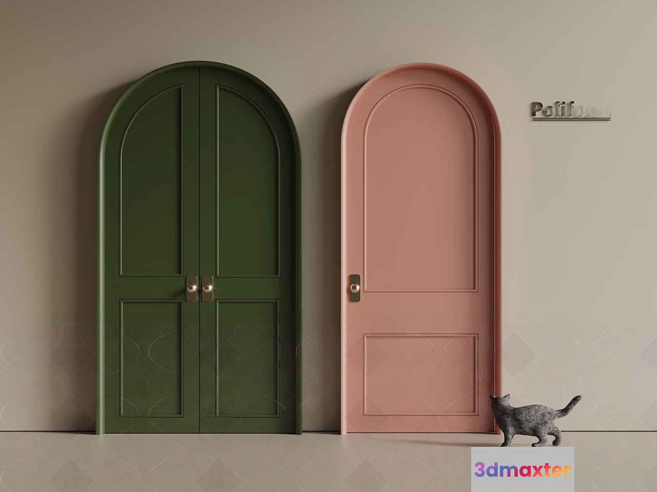 A Cat Standing In Front Of Two Doors 3D Model - 19766 - VRAY Render