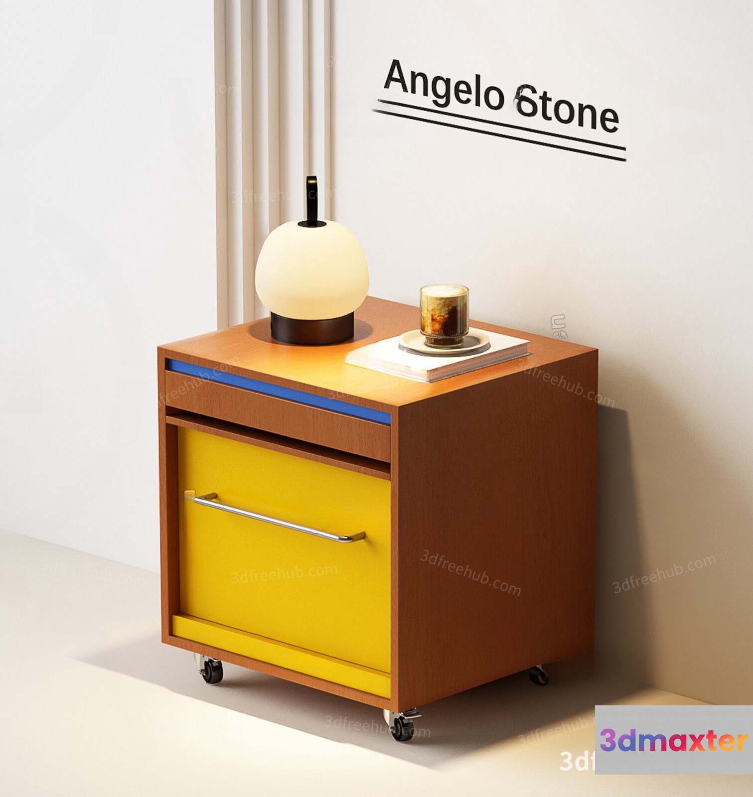 A Wooden Nightstand With A Yellow Drawer 3D Model - 19262 - VRAY Render