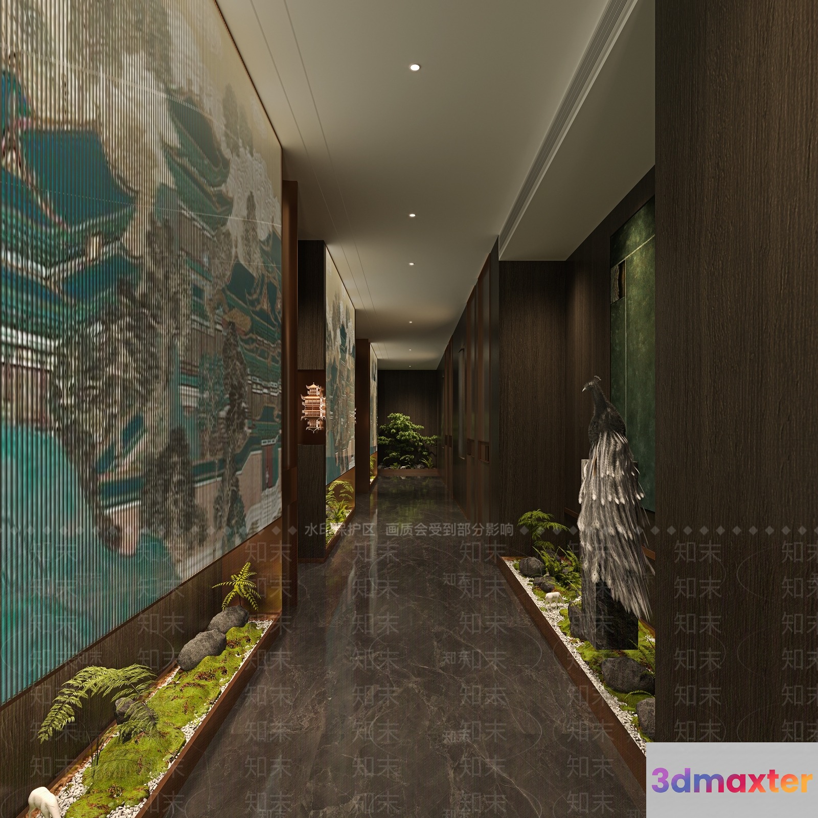 A Long Hallway With A Dark Color Scheme 3D Model - 5020 - CORONA Render