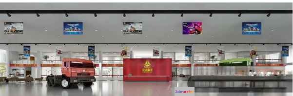 A Large Room With A Red Truck And Various Posters On The Ceiling 3D Model - 2457 - VRAY Render